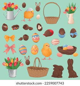 Set of chocolate Easter eggs, bunnies, flowers and chickens on t