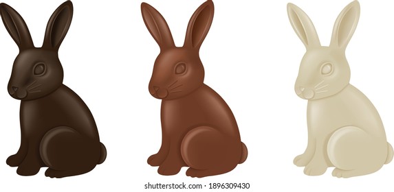 Set of chocolate Easter rabbits. Dark, milk and white chocolate bunnies