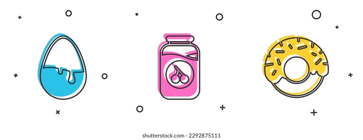 Set Chocolate egg, Cherry jam jar and Donut icon. Vector