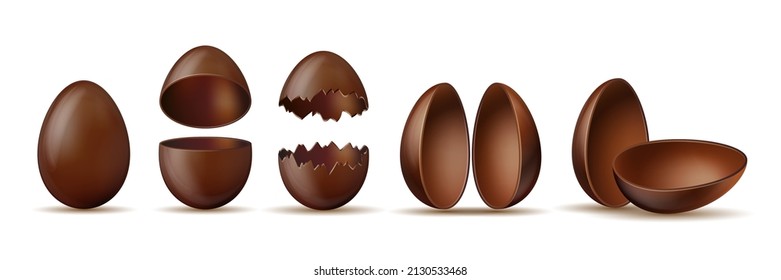 Set of Chocolate eggs. Broken and cracked eggshell with halves and whole egg, Easter holiday celebration realistic symbol. Vector collection sweet dessert