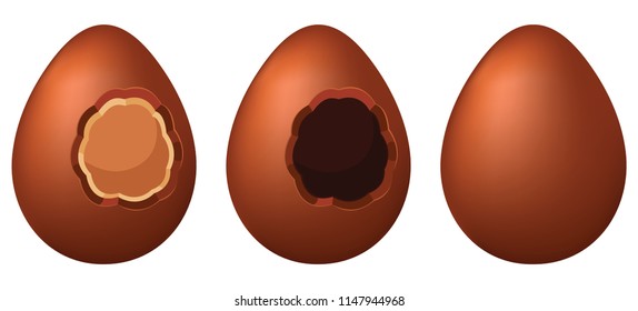 Set of chocolate eggs. Vector illustration on white background. One is with white chocolate, the second is bitten and the third is whole. Suitable for advertising a confectionery or banner or leaflets