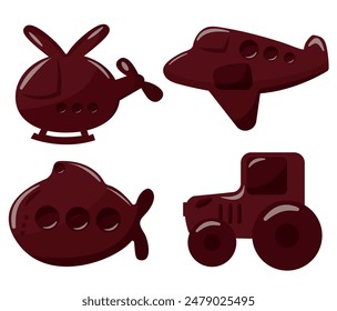 set of chocolate figurines from a variety of transport, namely a chocolate tractor, an airplane, a helicopter and an underwater ship, for World Chocolate Day