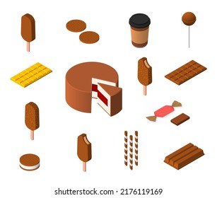 Set of chocolate food and drink. Hot chocolate, candy, ice cream, cookie, lollipop, bar, cake, snack.  Chocolate products. Isometric for icon,  infographic, website, apps, other uses. 