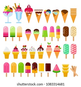 Set of chocolate and fruit ice cream, ice cream in glaze and ice cream in waffle horns vector flat material design isolated on white