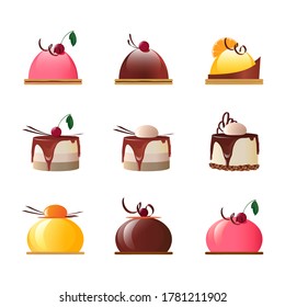 Set of chocolate and fruit mousse cakes