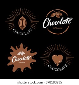 Set of chocolate hand written lettering logo, label, badge or emblem with cocoa bean. Vintage retro style. Isolated on black background. Vector illustration.