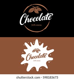 Set of chocolate hand written lettering logo, label, badge or emblem with cocoa bean. Vintage retro style. Isolated on black background. Vector illustration.