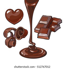 Set of chocolate - heart shaped candy, shaving, bar and liquid, sketch style vector illustrations isolated on white background. 