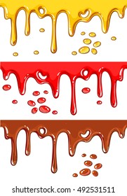 Set of chocolate, honey, and strawberry drips, vector illustration isolated on white background. Yummy chocolate, honey, and strawberry decoration elements