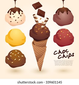 Set of Chocolate Ice Cream Cones : Vector Illustration