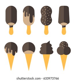 Set of Chocolate Ice Cream with Cones and Sticks. Vector Illustration. Element of Summer and Party Decorative Design. Poster, Stamp, Card, Advertisement, Banner, Shop