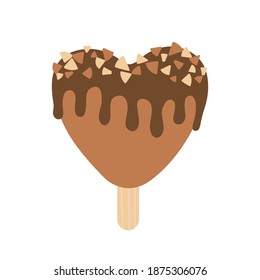 Set of chocolate ice cream. Eskimo pie popsiclewith chocolate drips and crushed hazelnuts. Valentine's day vector illustration.