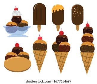 Set of chocolate ice cream flavor on white
