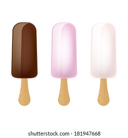 Set of chocolate ice cream pops on wooden sticks. Sweet popsicles.