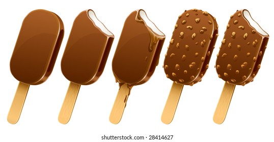 conjunto de postre de helado de chocolate sobre palo de madera - ilustración vectorial