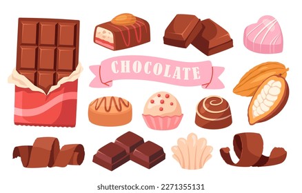 Set of chocolate icons. Stickers or illustrations with chocolate bar, sweet candies and cocoa beans. Delicious desserts and confectionery. Cartoon flat vector collection isolated on white background