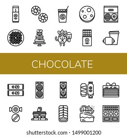 Set of chocolate icons such as Chocolate bar, Bean toasting, Cookie, Wedding cake, Cold coffee, Popsicle, Chocolate chip, Donut, Croissant, Instant coffee, Candy, Ice cream shop ,
