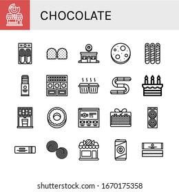 Set of chocolate icons. Such as Donut shop, Pancake, Gummy, Chocolate chip, Wafer, Biscuit, Cookies, Muffin, Cake, Vending machine, Donut, Candy, Chewing gum , chocolate icons