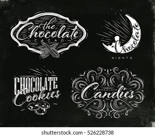 Set chocolate labels in vintage style lettering cacao, choco night, cookies, candies drawing on black watercolor background