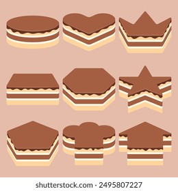 Set Chocolate Layer Cake in Many Shape Illustration Element Collection.