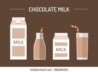 Set of chocolate milk in different packages: glass, carton, bottle isolated on brown background.  Vector flat design illustration.