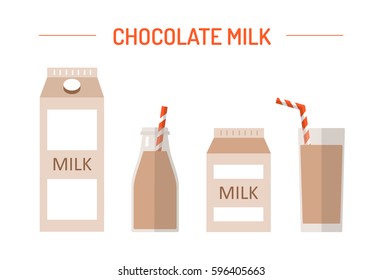 Set of chocolate milk in different packages: glass, carton, bottle isolated on white background. Elements for design dairy products, grocery store, etc. Vector flat design illustration.