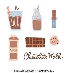 Set of chocolate milk, in glass bottle, cardboatd box, glass of milk with choko bar and cookie. Isolated flat hand drawn vector illustration.