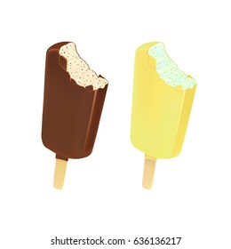 Set of chocolate and milk ice cream on stick. Collection of eskimo pie with white dark and milk varieties of chocolate glaze. Icecreams covered with white and brown chocolate