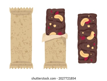 Set Chocolate muesli bar with peanuts and pieces of dried cherries and candied fruits. In the package and an open granola. An organic, vegan, gluten-free dessert. Sports nutrition Vector, isolated