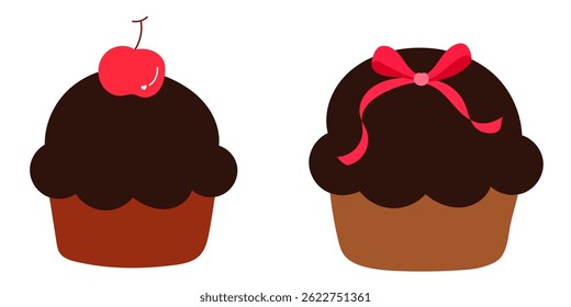 Conjunto de muffin de chocolate con cobertura de cereza y decoración de lazo de cinta, postre dulce y Ilustración vectorial plana de panadería