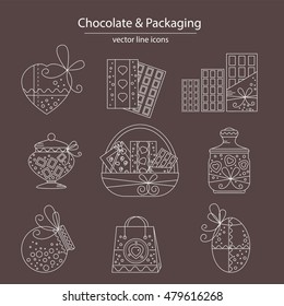 Set of chocolate and packaging icons made in modern line style vector