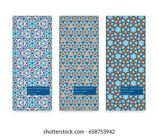 Set of chocolate packaging in trendy geometric mosaic style. Black, milk and white types. Vector illustration.
