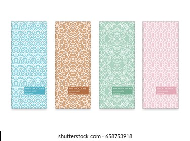 Set of chocolate packaging in trendy swirl style. Black, milk, almond and white types. Vector illustration.