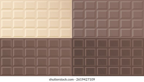 Set of chocolate pattern, background, cover poster. Milk chocolate, white chocolate and dark chocolate blocks.