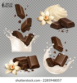 Juego de trozos de chocolate cayendo en un batido de leche realista. chocolate de vainilla. Postre natural de crema batida. 3.ª ilustraciones realistas de alimentos vectoriales