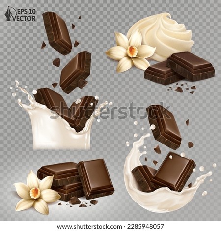 Set of chocolate pieces falling into a realistic milk splash. Vanilla chocolate. Natural dessert from whipped cream. 3d realistic vector food illustrations