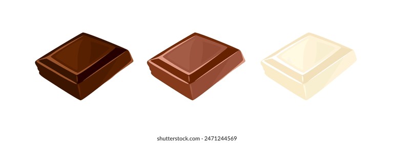 Set of chocolate pieces. Vector cartoon flat icon of black, white and milk chocolate.