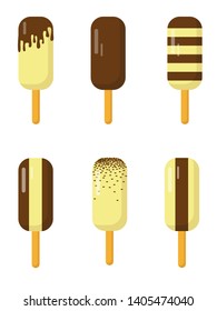 Set of chocolate popsicles isolated on white background. Six tipes of chocolate ice cream.
