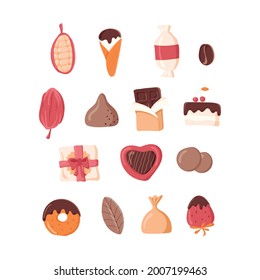 A set of chocolate products isolated on a white background. Chocolate. All items are separated. Vector illustration.