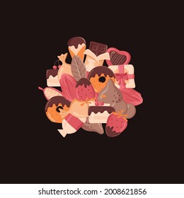 A set of chocolate products isolated on a dark background. Chocolates, candies, chocolate bar, chocolate covered strawberries, ice cream, cocoa beans, box of chocolates, truffles, chocolate cake.