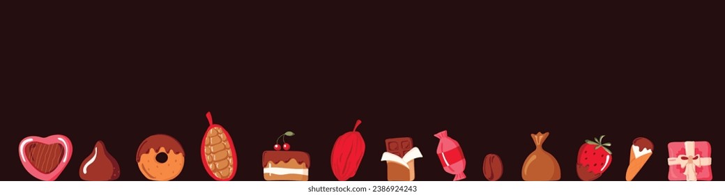 set of chocolate products isolated on a dark background. Chocolates, candies, chocolate bar, chocolate covered strawberries, ice cream, cocoa beans, box of chocolates, truffles, chocolate cake. Vector