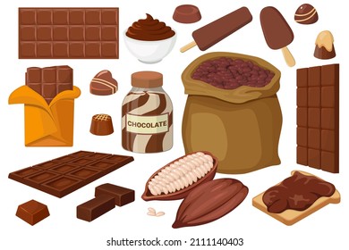 A set of chocolate products.A bag of cocoa beans, chocolate paste, candies, a chocolate bar and chocolate ice cream.Vector illustration.