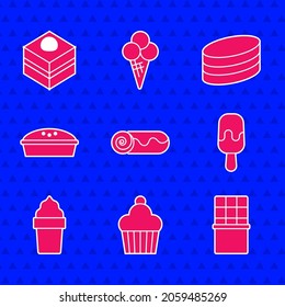 Set Chocolate roll cake, Cake, bar, Ice cream, in waffle cone, Homemade pie, Brownie chocolate and  icon. Vector