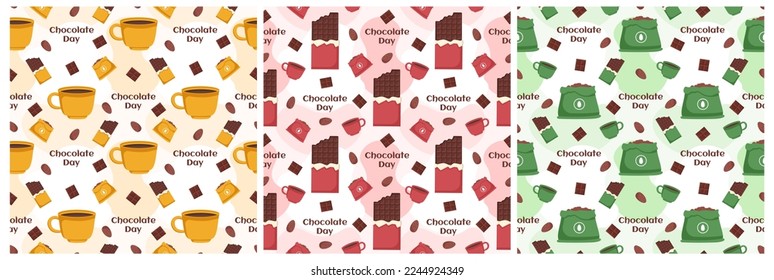 Set of Chocolate Seamless Pattern Design with Choco Decoration in Template Hand Drawn Cartoon Illustration