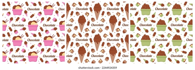 Set of Chocolate Seamless Pattern Design with Choco Decoration in Template Hand Drawn Cartoon Illustration