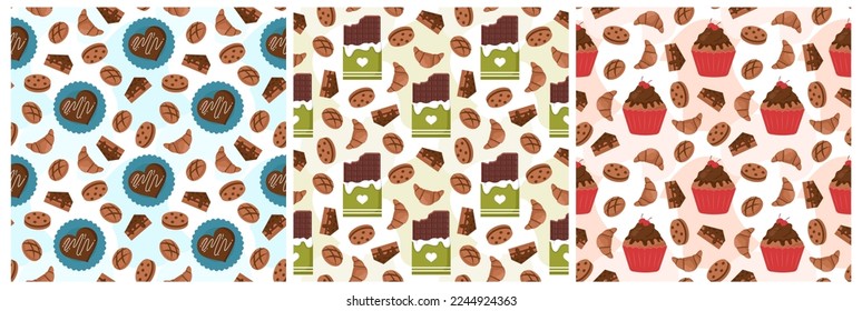 Set of Chocolate Seamless Pattern Design with Choco Decoration in Template Hand Drawn Cartoon Illustration