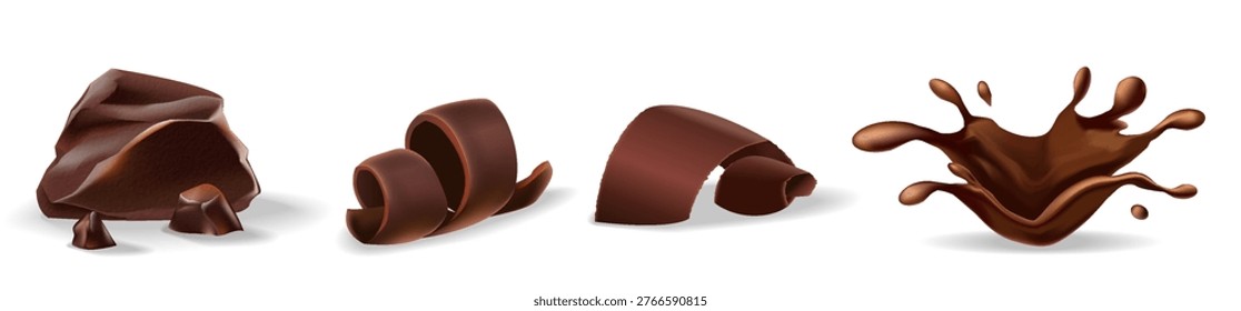 Set of chocolate splash, flakes, and chunk isolated on transparent background. Realistic vector illustration for dessert design, confectionery packaging, and food advertising