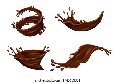 Set of chocolate splashes with drops isolated on white background. Realistic vector illustration.