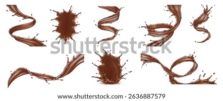 Set of chocolate splashes in dynamic forms against a white background. The rich brown liquid swirls create a sense of movement and indulgence, perfect for culinary projects.