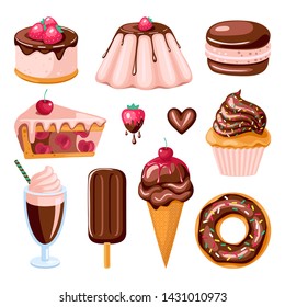 set of chocolate sweet food. Donut, ice cream, muffin, smoothies, macaroons and candies with chocolate topping. Vector illustration